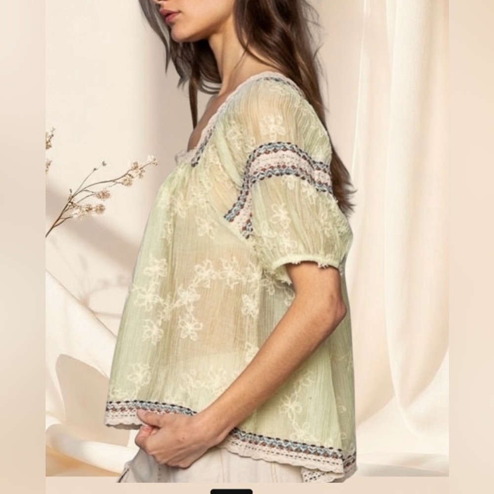 POL Sheer Sage Embroidered Lace Top | Romantic Bohemian Blouse - Picture 6 of 8
